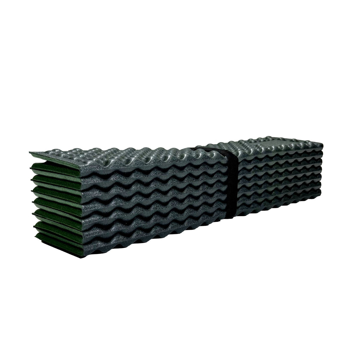 Three quarter back view of Domex Lightweight Base Mat XPE in mid green with raised bump pattern and accordion-style 14 folding sections - shown folded