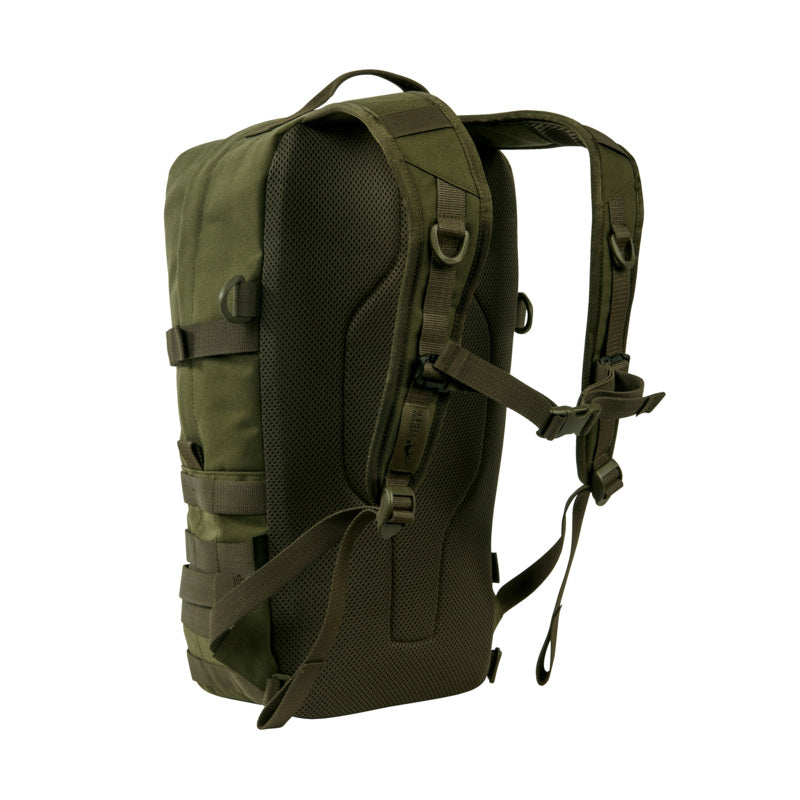 Three quarter back view of Tasmanian Tiger 15 litre daypack. It features adjustable harness with chest strap and two wraparound compression straps – Olive | TT7595.331