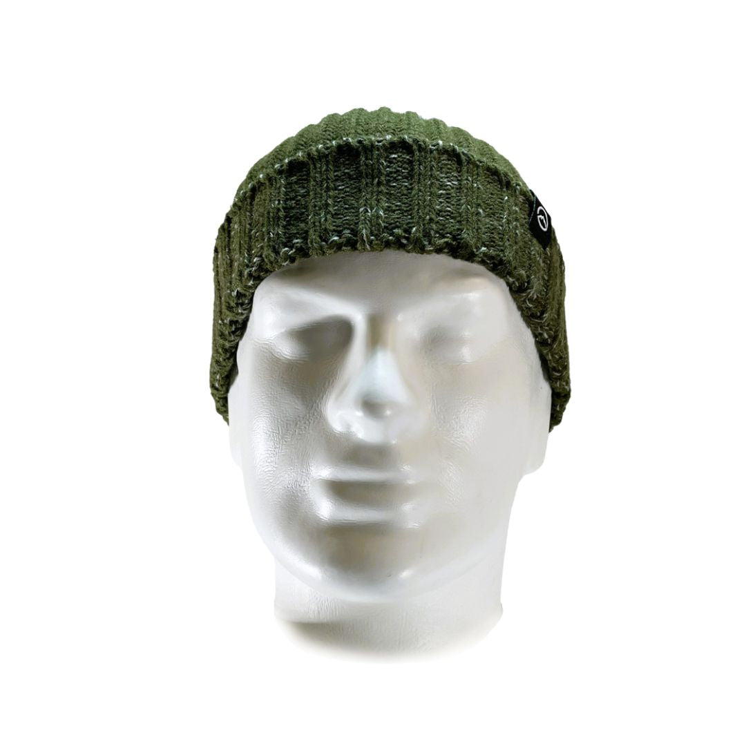 Front on view of Domex Forest green cuffed chunky knit beanie with pale grey-green gradient accents