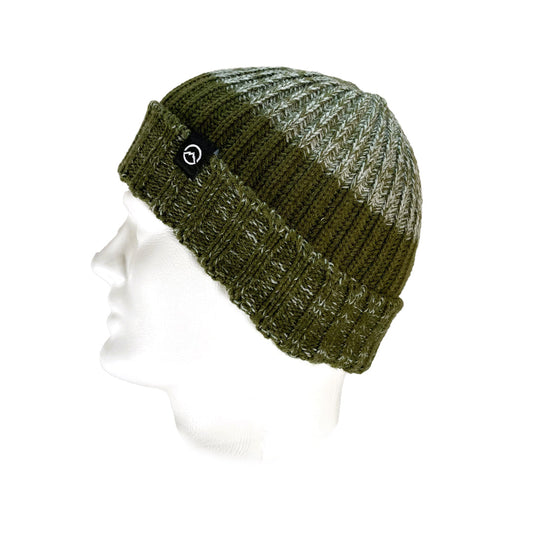 Side on view of Domex Forest green cuffed chunky knit beanie with pale grey-green gradient accents | Ships Within New Zealand