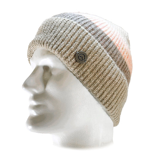 Side view of Domex Soft pink and taupe stripe cuffed beanie with a plush finish and a medallion badge | Ships Within New Zealand