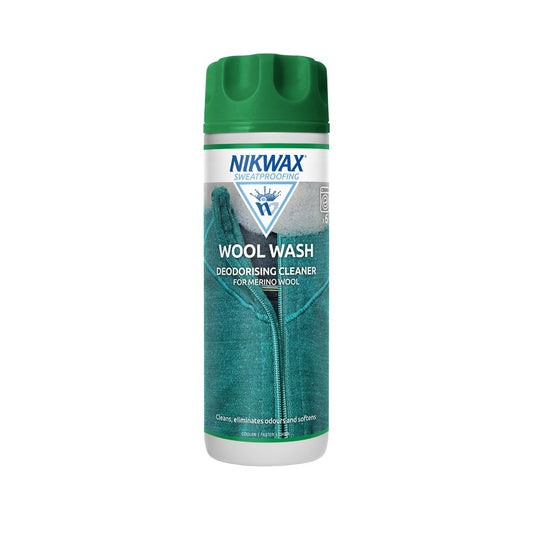 300ml bottle of Nikwax Wool Wash. Bottle is white with a mid green lid. Label features a close up of knitwear in a dark grey.