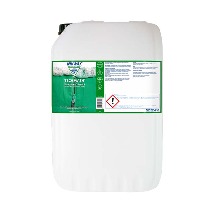 25 litre bottle of NikWax Tech Wash. Bottle is white with a green lid. Label features a close up image of a zippered green jacket with foam at the top of the label | NW185