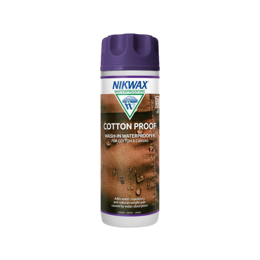 300ml bottle of Nikwax Cotton Proof. Bottle is white with a purple lid. Label shows water pooling on surface of tan coloured canvas.