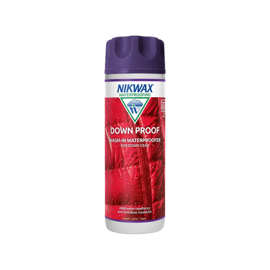 300ml bottle of Nikwax Down Proof. Bottle is white with purple lid. Label features a close up image of a red jacket with water pooling on the surface.