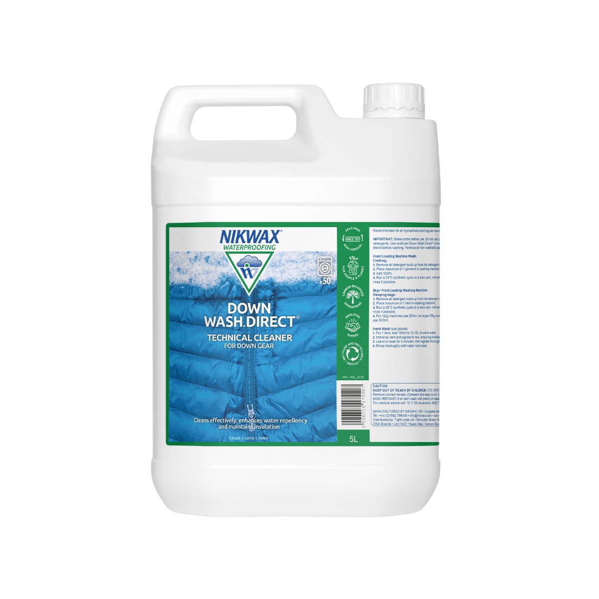 5 litre bottle of Nikwax Down Wash. Bottle is white with a white lid. Label features a close up of a zipper on a blue puffer jacket | NW1K5