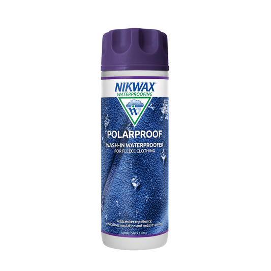 300ml bottle of Nikwax Polar proof. Bottle is white with a purple lid. Label features close up of blue fleece with water pooling on the surface.