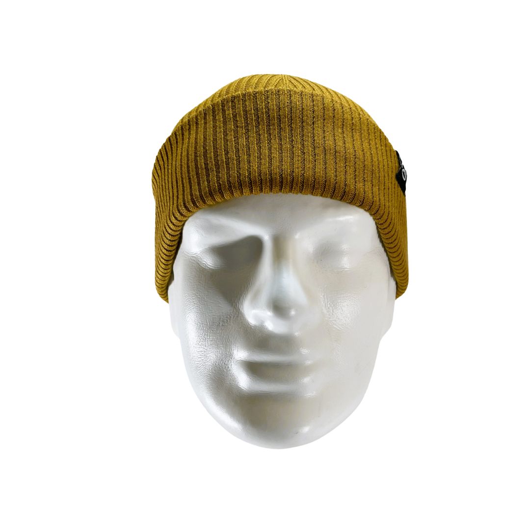 From view of Domex wool-rich blend fine rib-knit Fisherman's beanie with cuffed hem - Mustard | DOMB1045