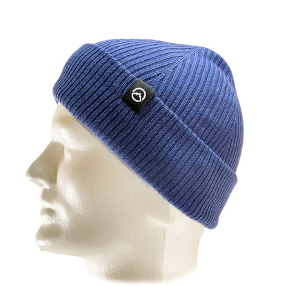 Side view of Domex wool-rich blend fine rib-knit Fisherman's beanie with cuffed hem - Polar Blue. Ships Within New Zealand | DOMB1050
