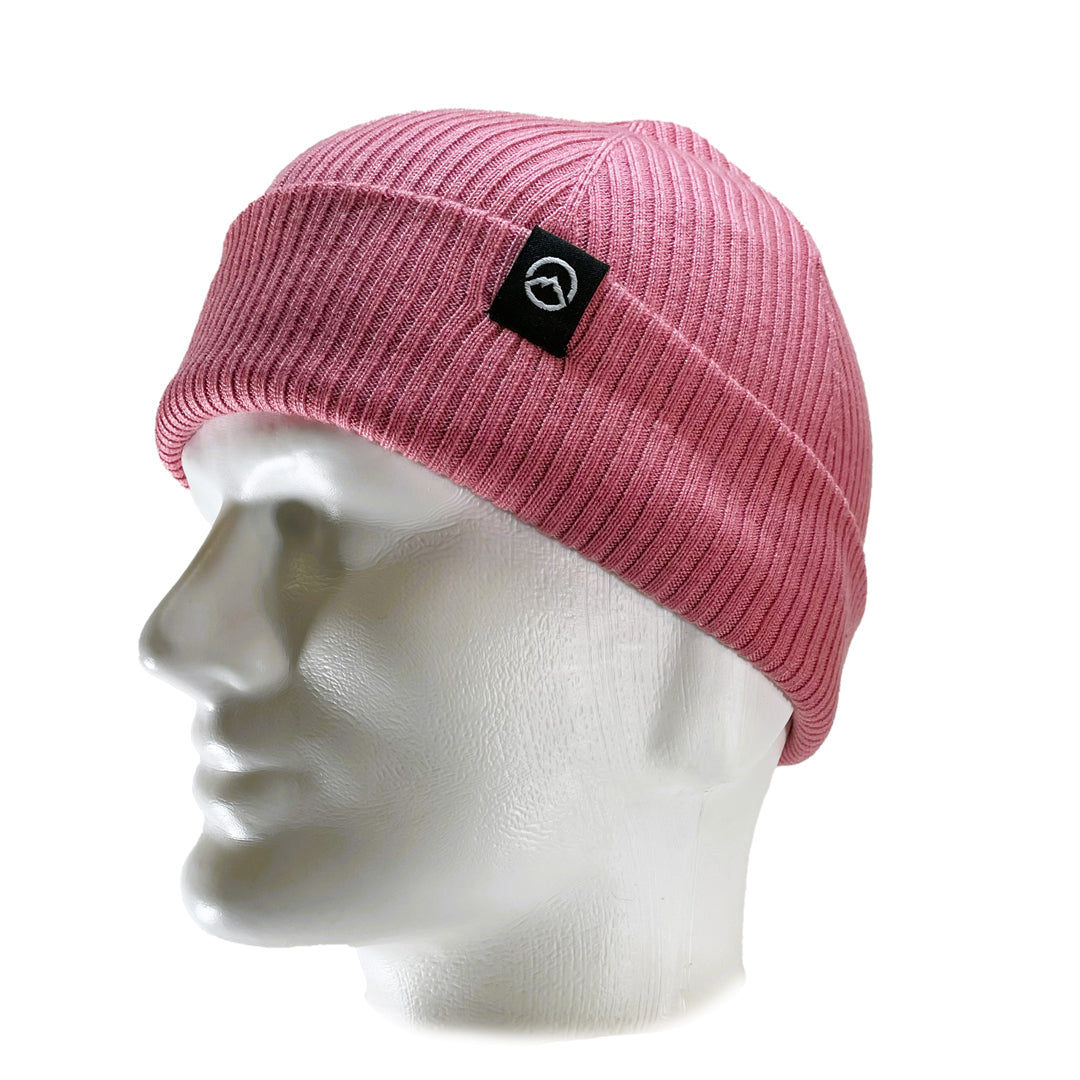 Side view of Domex wool-rich blend fine rib-knit Fisherman's beanie with cuffed hem - Dark Pink | DOMB1055