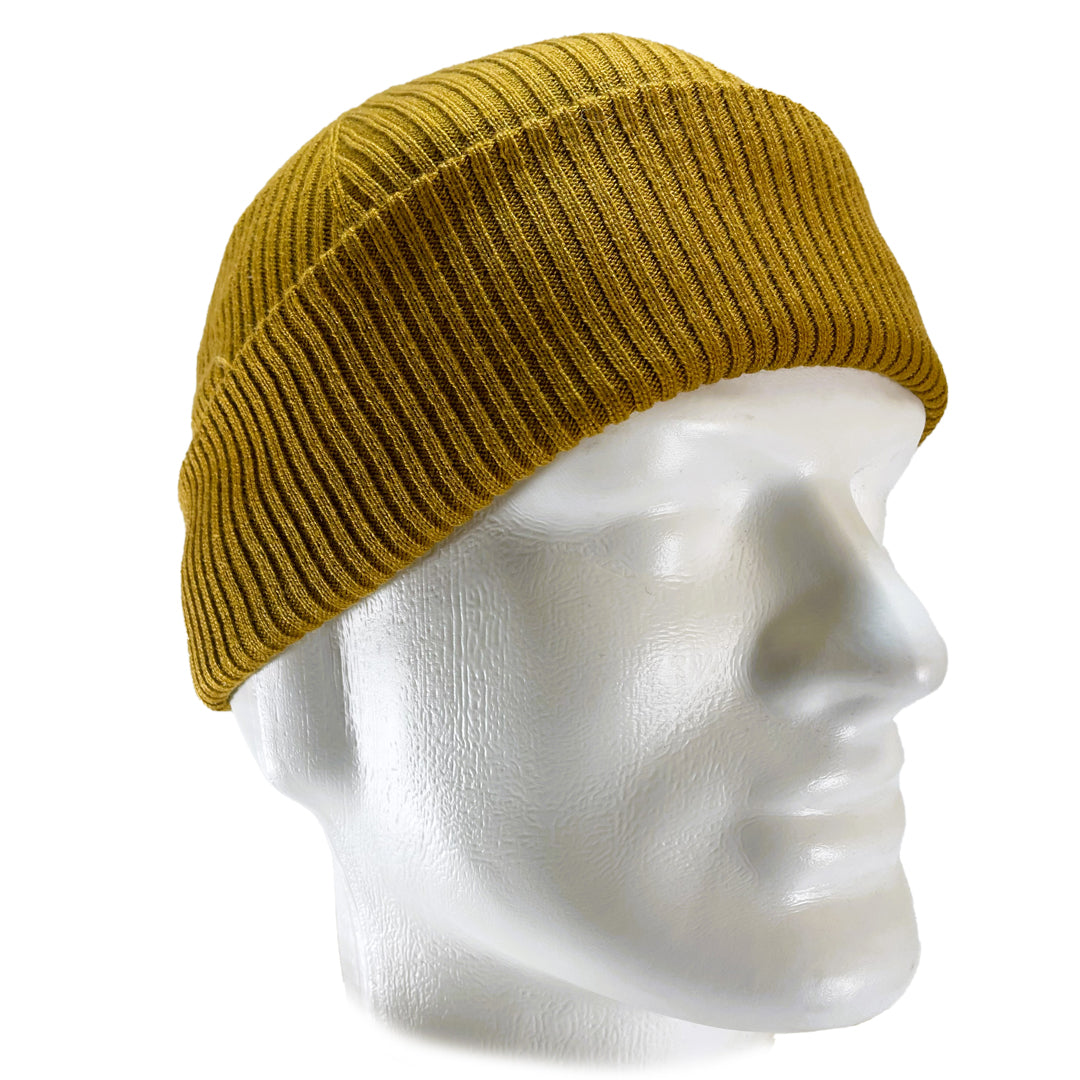 Side view of Domex wool-rich blend fine rib-knit Fisherman's beanie with cuffed hem - Mustard | DOMB1045