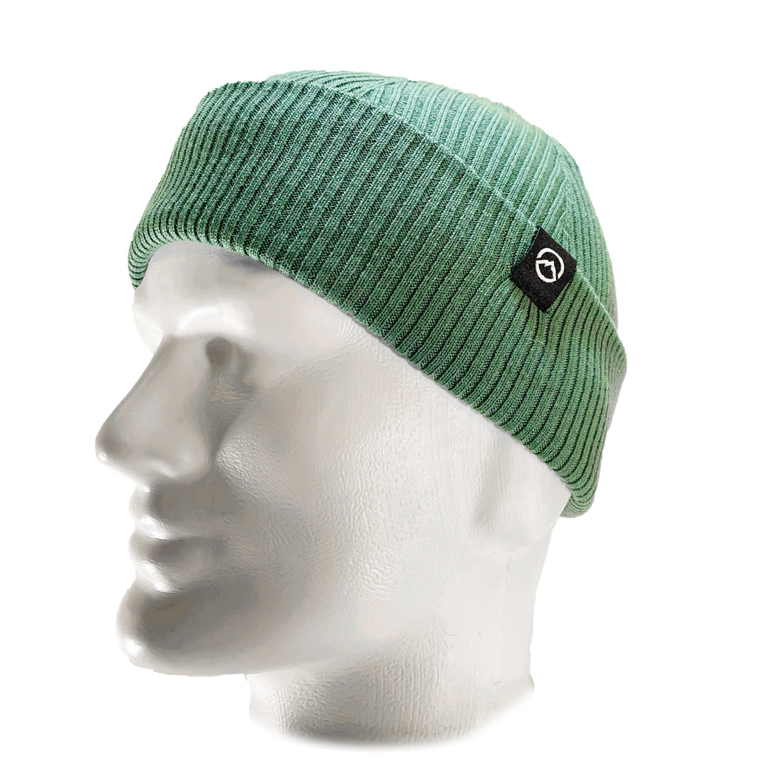 Side view of Domex wool-rich blend fine rib-knit Fisherman's beanie with cuffed hem - Sage Green | DOMB1040
