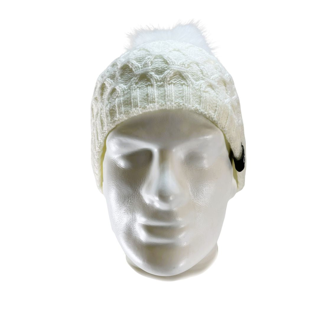 Front view of Domex Honeycomb-knit cuffless beanie with fluffy faux fur accent pom pom - white | DOMB1065