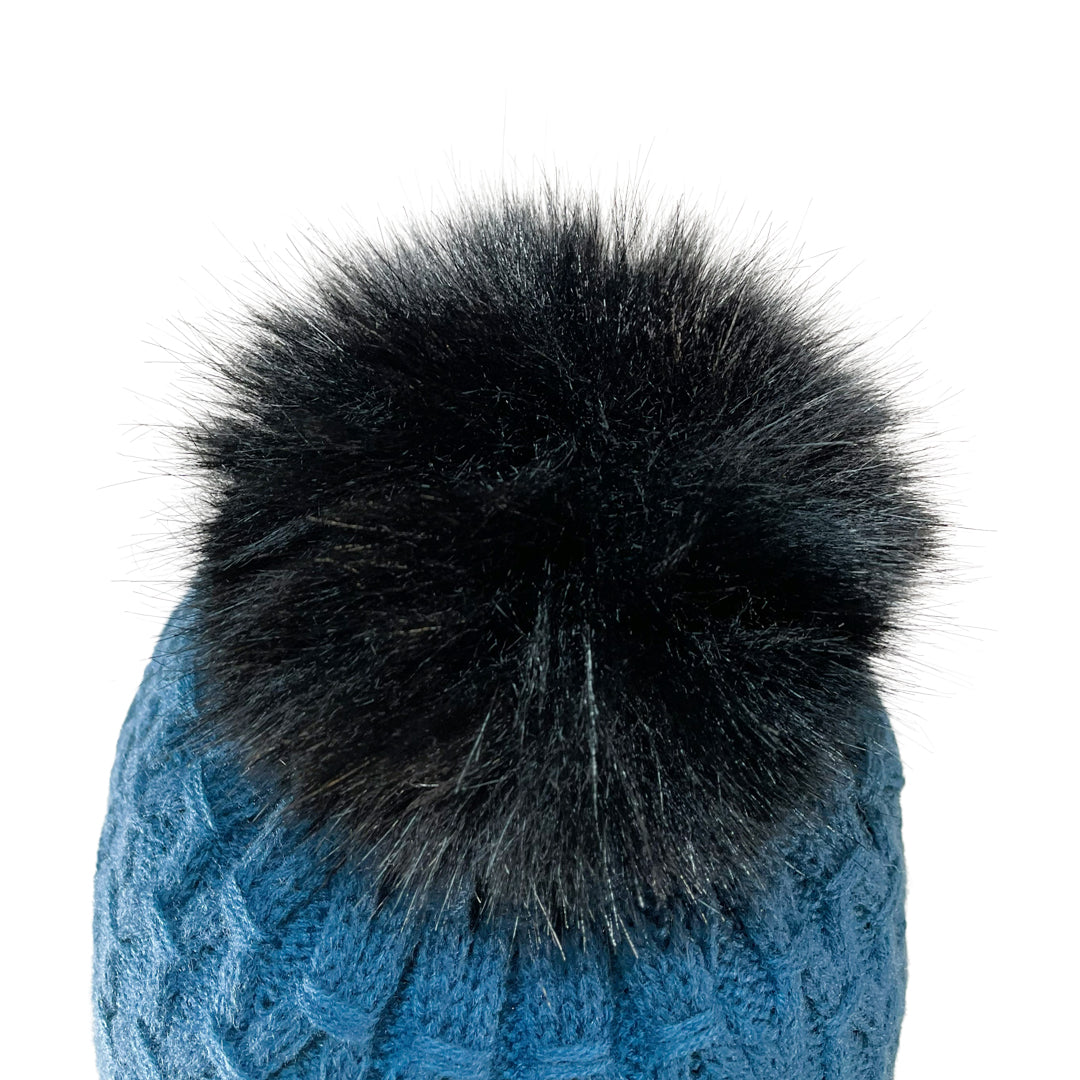 Close up of faux fur pom pom on Domex Honeycomb-knit cuffless beanie  - teal | DOMB1060