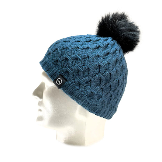 Side view of Domex Honeycomb-knit cuffless beanie with fluffy faux fur accent pom pom - teal. Ships Within New Zealand | DOMB1060