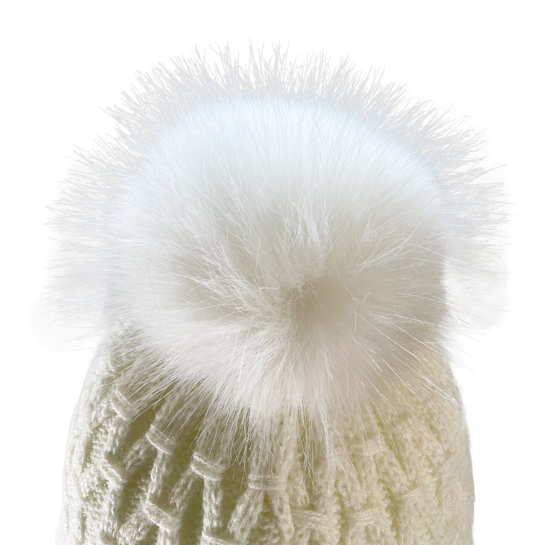 Close up of faux fur pom pom on Domex Honeycomb-knit cuffless beanie  - white | DOMB1065