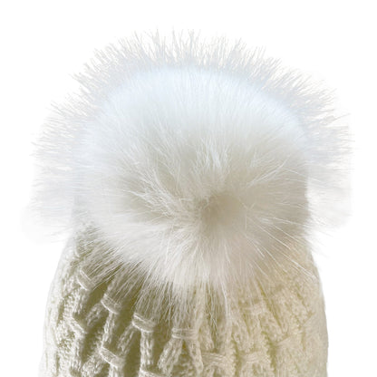 Close up of faux fur pom pom on Domex Honeycomb-knit cuffless beanie  - white | DOMB1065