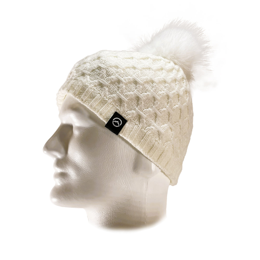 Side view of Domex Honeycomb-knit cuffless beanie with fluffy faux fur accent pom pom - white | DOMB1065