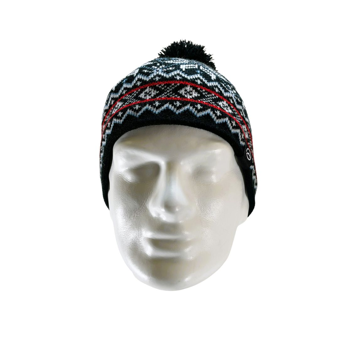 Front view of Domex snowflake design cuffless knit beanie with black woollen pom pom | Ships