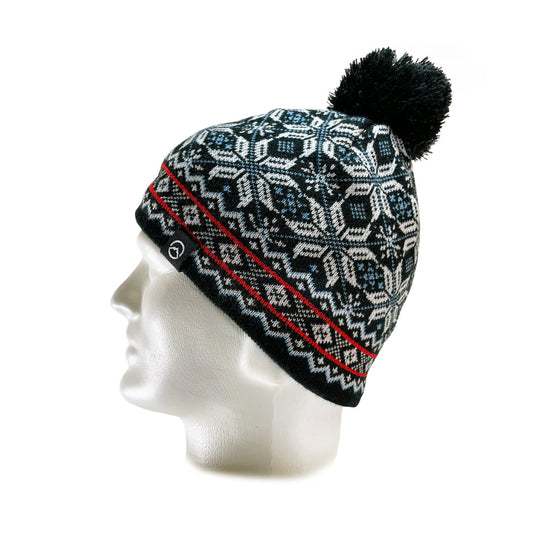  Side view of Domex snowflake design cuffless knit beanie with black woollen pom pom | Ships Within New Zealand