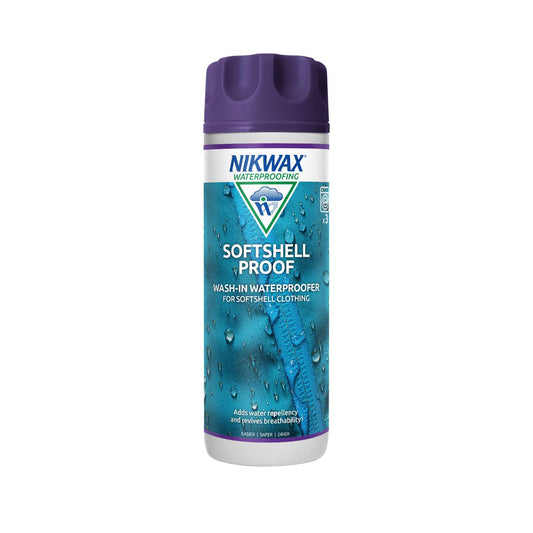 300ml bottle of Nikwax Softshell Proof. Bottle is white with a purple lid. Label features close up of an aqua jacket with water pooling on the surface.