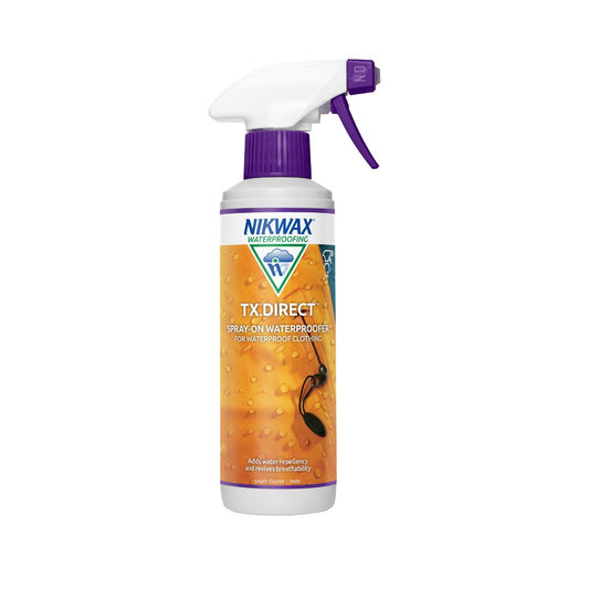 300ml bottle of Nikwax TX Direct spray on. The bottle is white with a purple and white lid and a label showing a close up of a yellow jacket with water beading on the surface | NW571