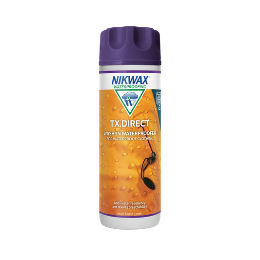 300ml bottle of Nikwax TX Direct wash in. The bottle is white with purple lid and a label showing a close up of a yellow jacket with water beading on the surface | NW251
