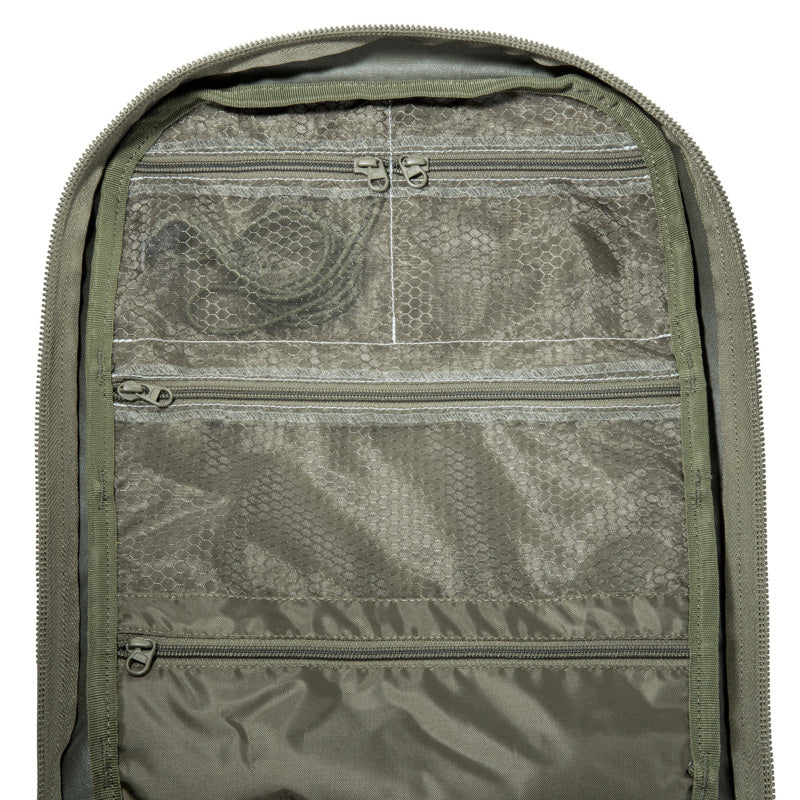 Front view of twenty-two litre Tasmanian Tiger Urban Tac Pack open with mesh pockets - Olive | TT7558.331