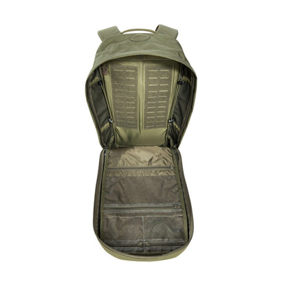 Front view of twenty-two litre Tasmanian Tiger Urban Tac Pack open with mesh pockets and MOLLE - Olive | TT7558.331