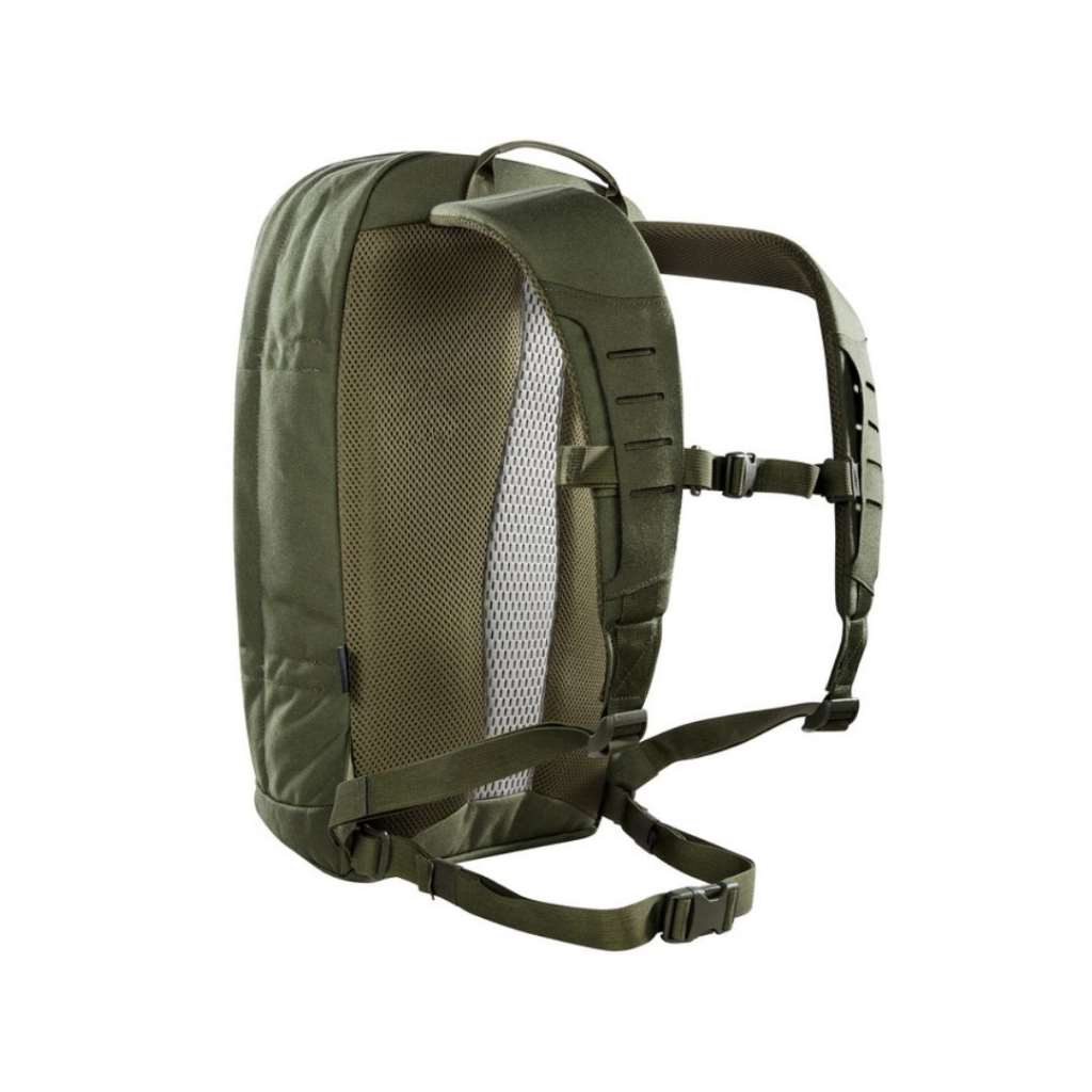 Three quarter back view of twenty-two litre Tasmanian Tiger Urban Tac Pack with padded back carrying system, height-adjustable chest belt, removable hip webbing and detachable rear panel with aluminium frame - Olive | TT7558.331