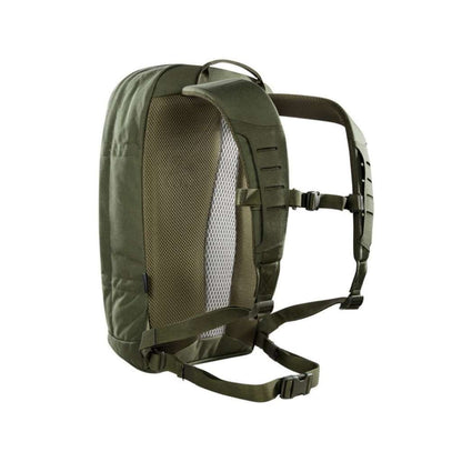 Three quarter back view of twenty-two litre Tasmanian Tiger Urban Tac Pack with padded back carrying system, height-adjustable chest belt, removable hip webbing and detachable rear panel with aluminium frame - Olive | TT7558.331