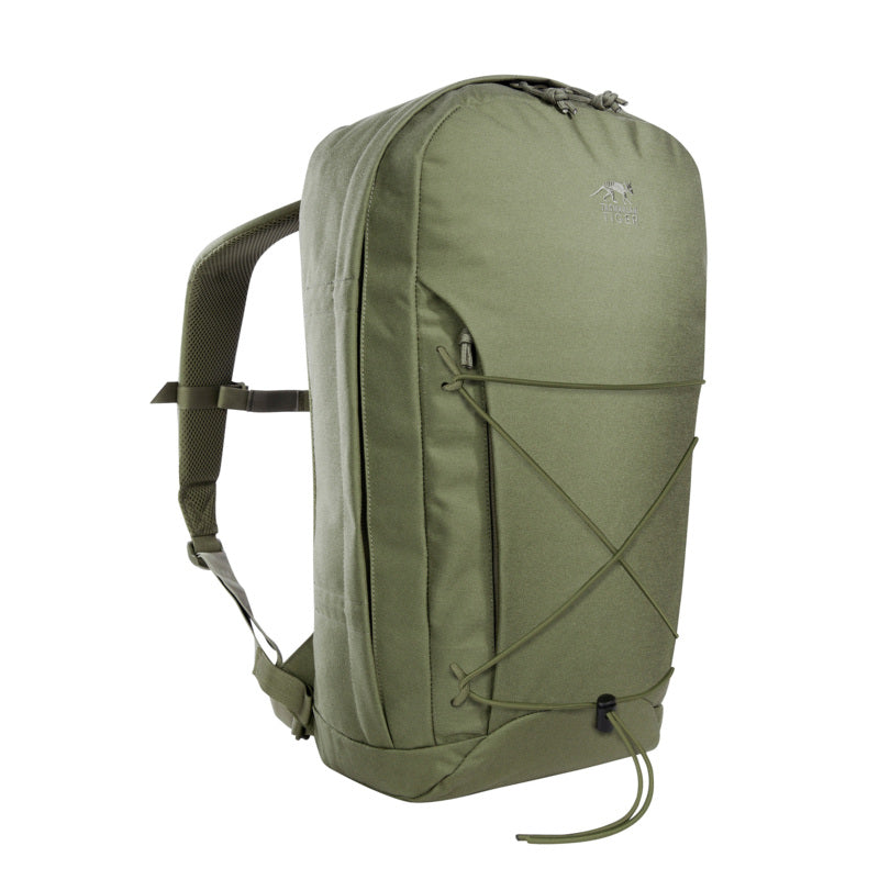 Three quarter front view of twenty-two litre Tasmanian Tiger Urban Tac Pack with zippered main, front compartments, and webbing - Olive | TT7558.331