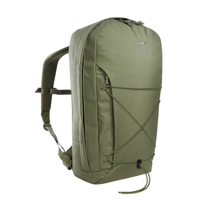 Three quarter front view of twenty-two litre Tasmanian Tiger Urban Tac Pack with zippered main, front compartments, and webbing - Olive | TT7558.331