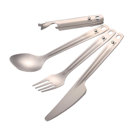 Domex titanium cutlery set consisting of: Knife, Fork, Spoon, Opener/locker