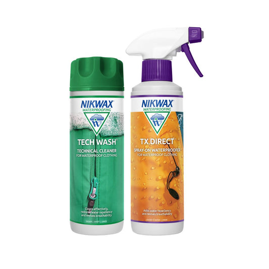 300ml bottle of Nikwax Tech Wash on the left, and 300ml spray bottle of Nikwax TX Direct on the right.  The Tech Wash bottle is white with a green lid and a label showing an image of a front loading washing machine full of outdoor clothing. The TX Direct bottle is white with a purple and white spray cap and a label showing a close up of a yellow jacket with water beading on the surface.