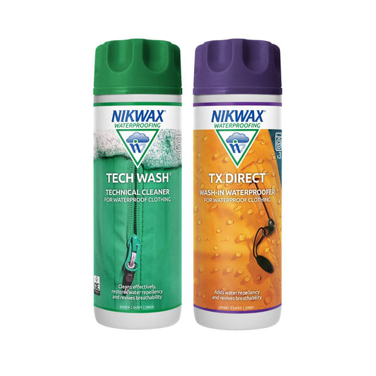 300ml bottle of Nikwax TX Direct on the left and 300ml bottle of Tech Wash on the right.  The TX Direct bottle is white with a purple lid and a label showing a close up of a yellow jacket with water beading on the surface. The Tech Wash bottle is white with a green lid and a label showing an image of a front loading washing machine full of outdoor clothing. 