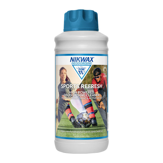 1 litre bottle of Nikwax Sports Refresh. Bottle is white with a teal lid. Label features montage of people playing various sports.