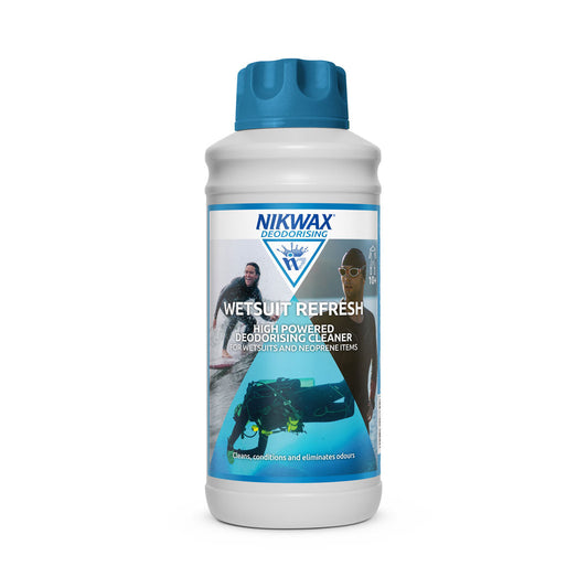 1 litre bottle of Nikwax Wetsuit Refresh. Bottle is white with a mid blue lid. Label features a montage showing a surfer, a diver, and a multi-sport athlete, all wearing wetsuits.