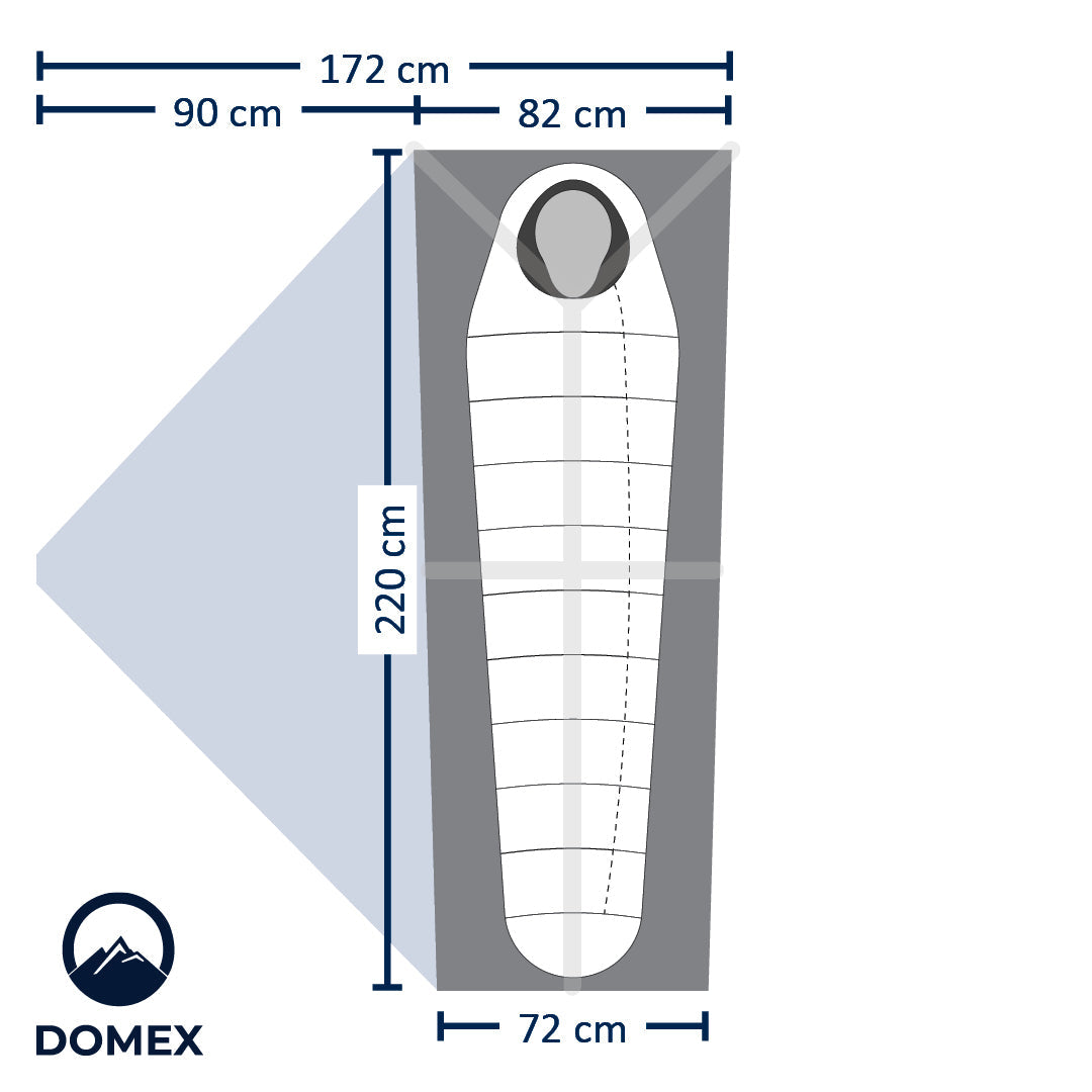 Schematic of  Domex Velocity 1 - 3 Season Lightweight Tent - Overall width 172 cm x 220 cm. Footprint: Head = 82 cm, Length = 220 cm, Food = 72 cm