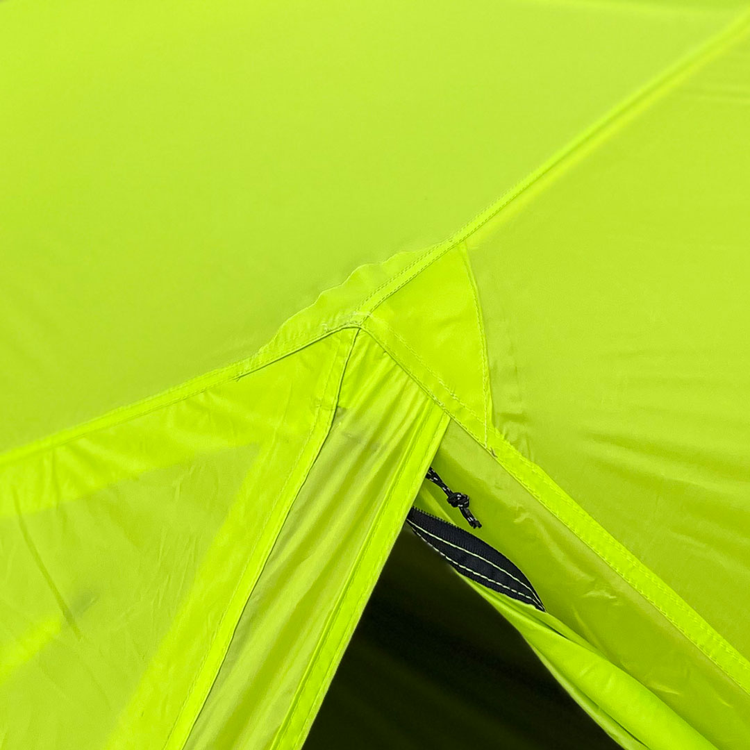 Close up of top of fly opening on Domex Velocity 2 - 3 Season Lightweight Tent - Neon Yellow 