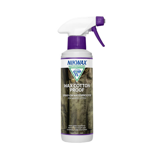 300ml spray bottle of Nikwax Wax Cotton Prof. Bottle is white with a purple and white spray lid. Label features a close up of a light save green waxed cotton jacket with zipper and domes and water beading on the surface.