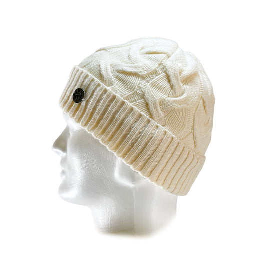 Side View of Domex White thick cable knit cuffed beanie | Ships Within New Zealand