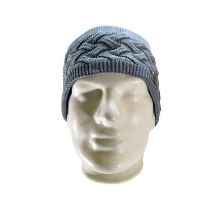 Front view of Domex Dusty blue skullcap beanie with accent woven cable knit band 