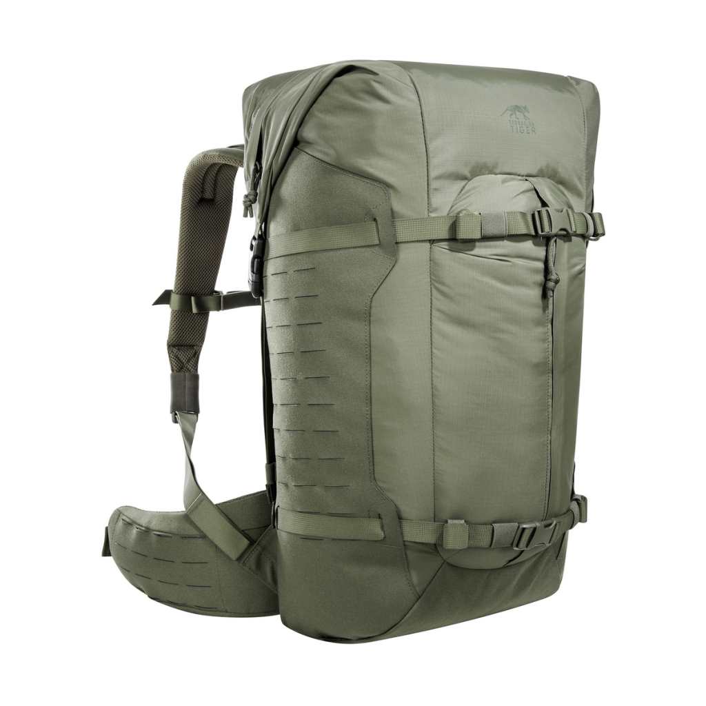 Three quarter front view of 40 litre Tasmanian Tiger Sentinel pack featuring two compression straps, front pocket, roll-top with zipper and laser-cut MOLLE on sides - Olive | Ships Within New Zealand