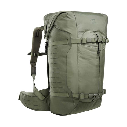 Three quarter front view of 40 litre Tasmanian Tiger Sentinel pack featuring two compression straps, front pocket, roll-top with zipper and laser-cut MOLLE on sides - Olive | Ships Within New Zealand