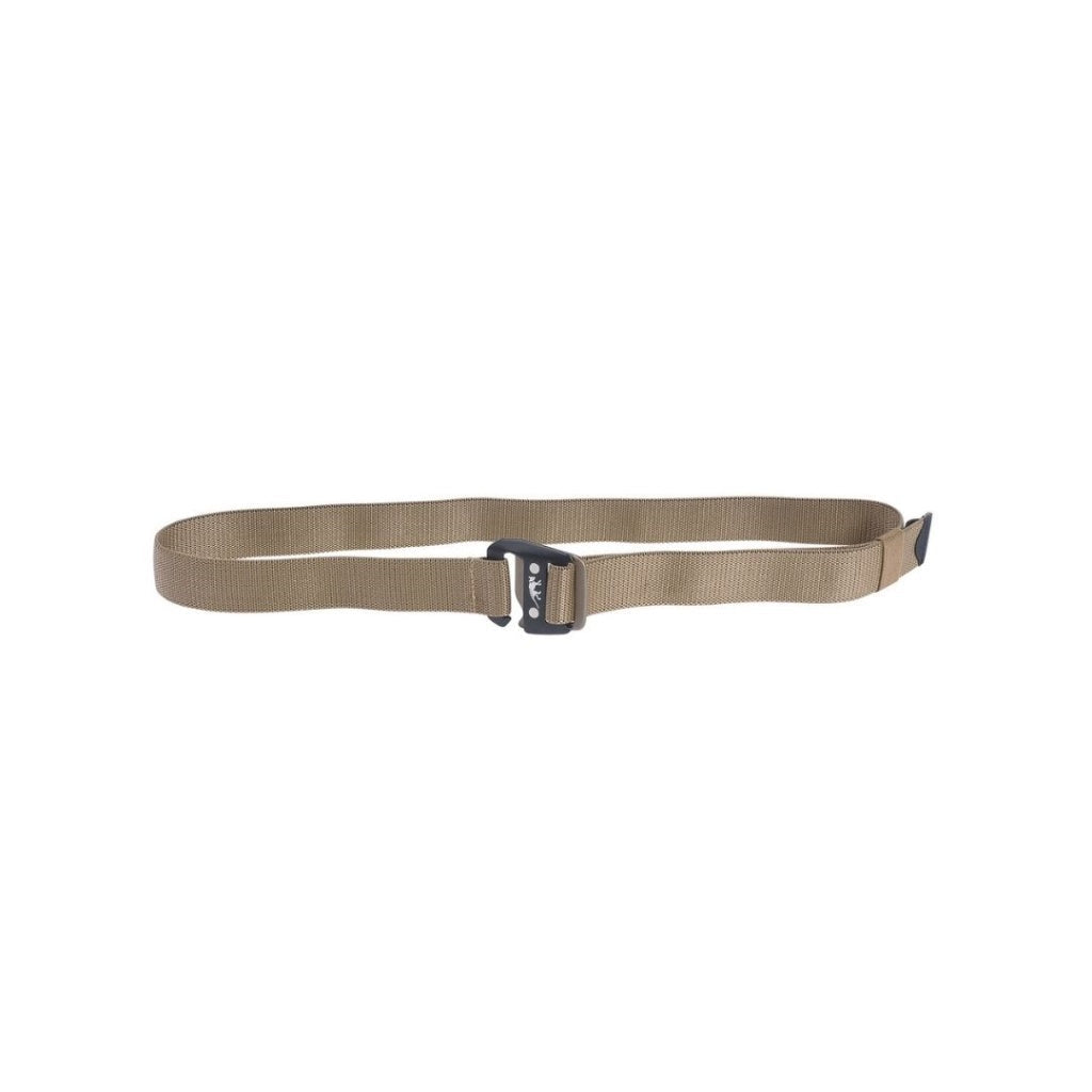 Front view of length adjustable elastic webbing Tasmanian Tiger functional EDC belt with Nickel-free aluminium hook buckle with TT logo - Coyote Brown | TT7948.346