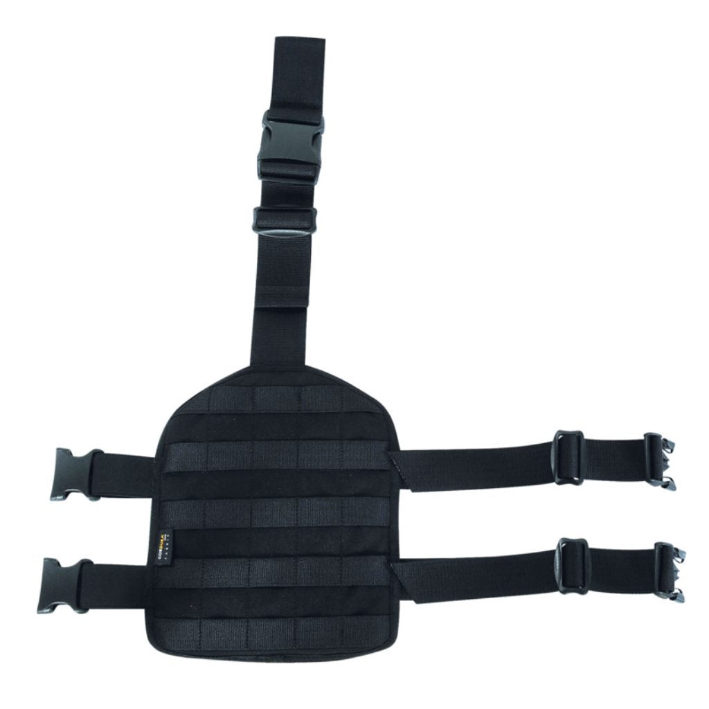 Outside view of Tasmanian Tiger Leg Base with rigid Molle system plate, loop at the top to fix to your waist belt and two adjustable leg straps – Black. Ships Within New Zealand | TT7674.040