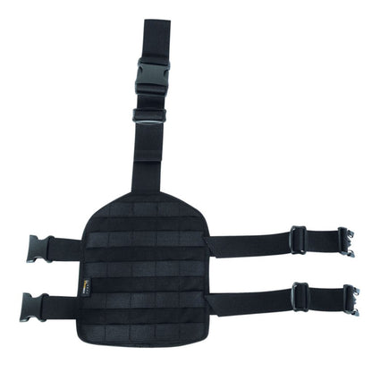 Outside view of Tasmanian Tiger Leg Base with rigid Molle system plate, loop at the top to fix to your waist belt and two adjustable leg straps – Black. Ships Within New Zealand | TT7674.040