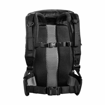 Back view of 28 litre Tasmanian Tiger Sentinel pack featuring roll-top with zipper and laser-cut MOLLE on sides and removable padded hip fins - Black | TT7353.040