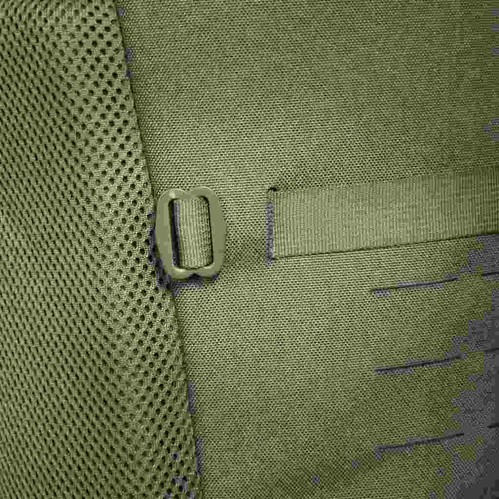 Close up of compression strap buckle and laser-cut MOLLE - Olive | TT7353.331